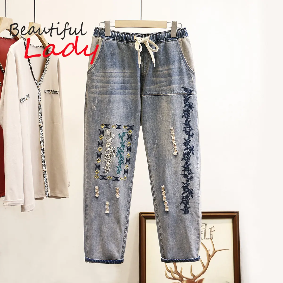 

60-100kg Large Size Ripped Jeans Woman High Waist Baggy Jeans for Women Mom Jeans Vintage Embroidered Jeans 5XL