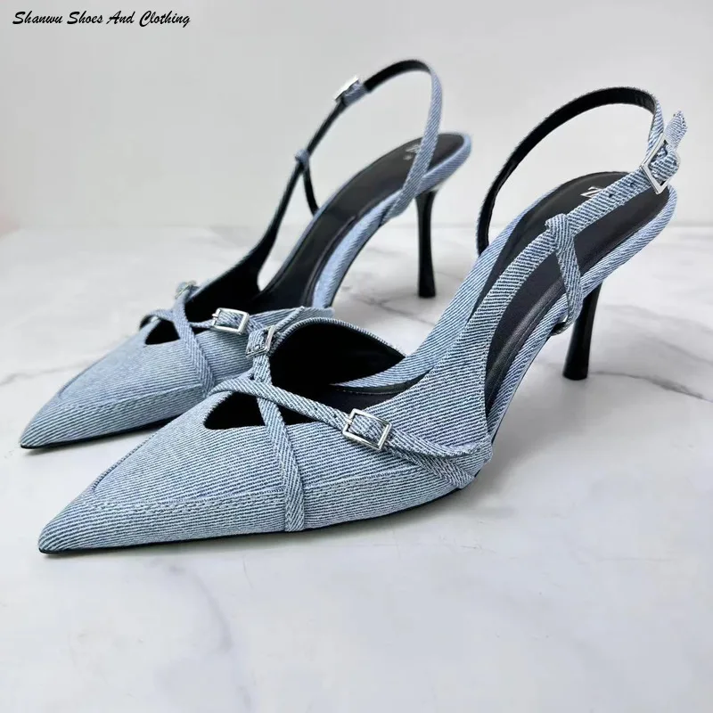 

2024 Spring/summer New Denim Fabric Women Sandals Pointed Toe Thin High Heel Buckle Strap Denim Mules Sexy Party Single Shoes