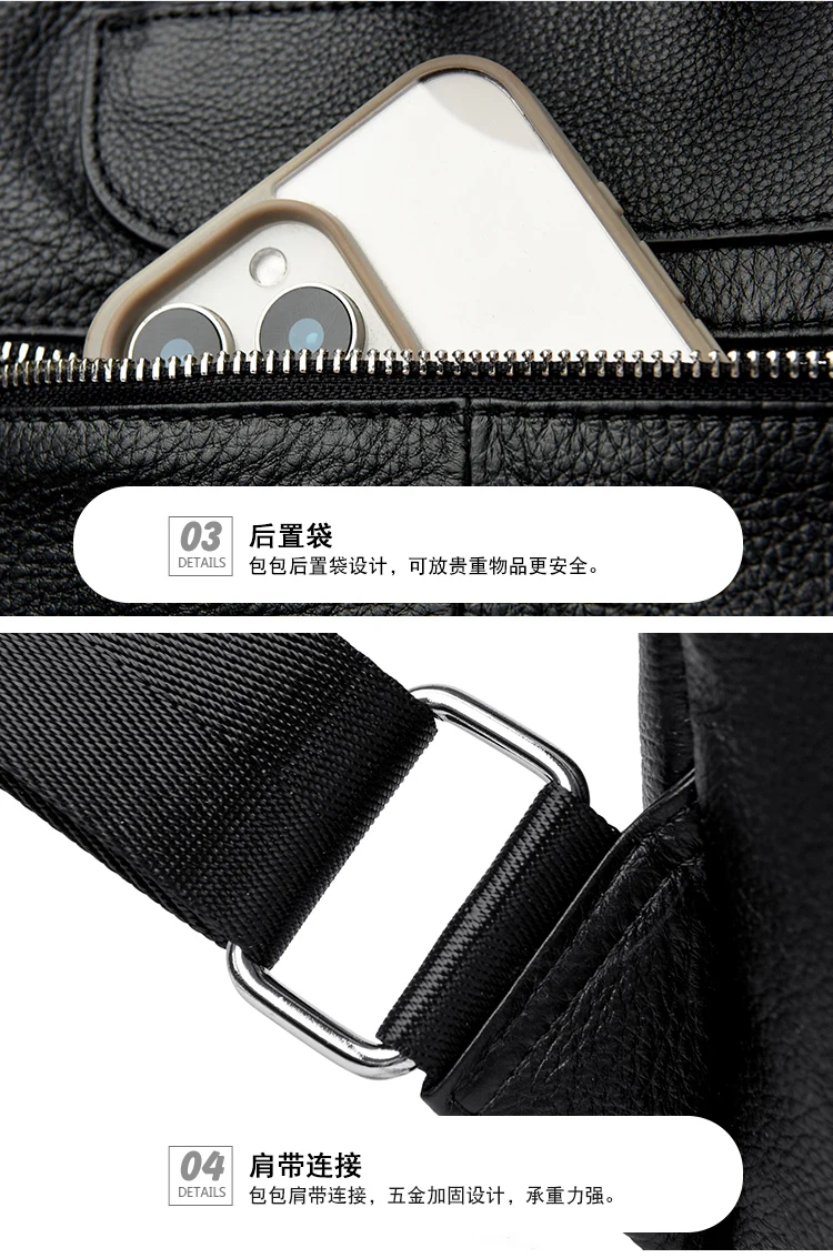 Schwarzer Rucksack aus echtem Leder, schlichte Damentasche aus Rindsleder, Einzelschulter- und Doppelschultertasche, Arbeits- und Einkaufstasche – Detail 21