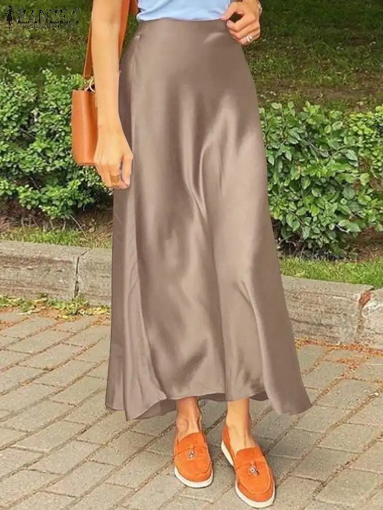 ZANZEA Fashion Satin Silk Skirts Women Summer Long High Waist Skirt Casual Solid Party Faldas Saia Female Vintage Work OL Jupe 3