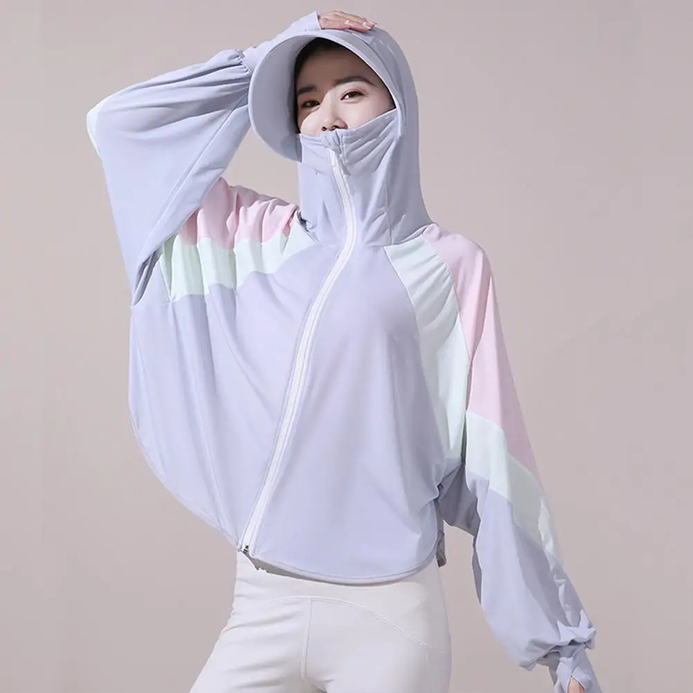 Women Sun Protective Clothing Summer Outdoor Breathable UV Protective Contrast Color Hooded Jacket For Hiking Camping Scooter