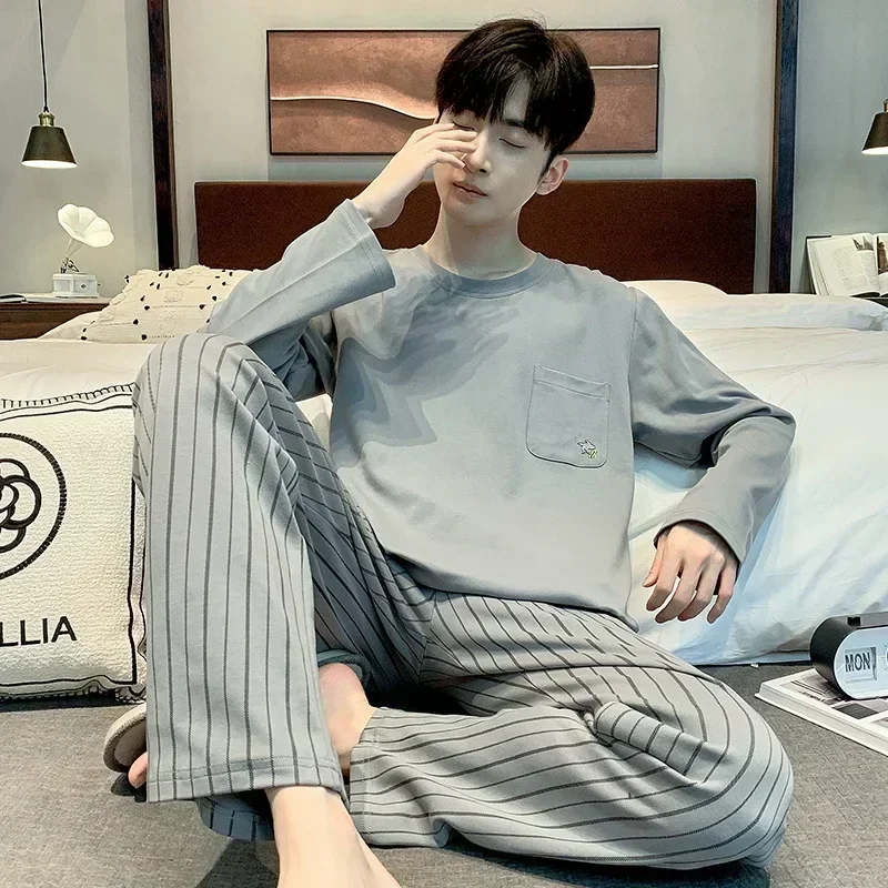 New Men's Pajamas Cotton Long Sleeved Pants Set Simple and Loose Fitting Casual Youth Home Wear in Spring and Autumn and Winter