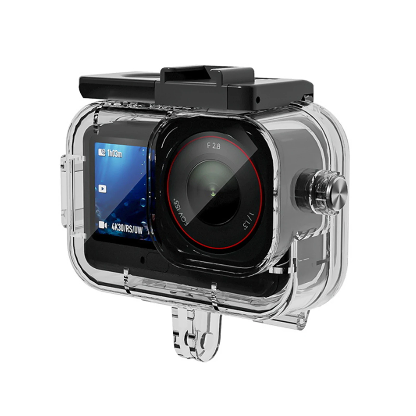 Coque étanche Osmo Action 6 montée sur la caméra, prête pour une plongée sous-marine à 60m.