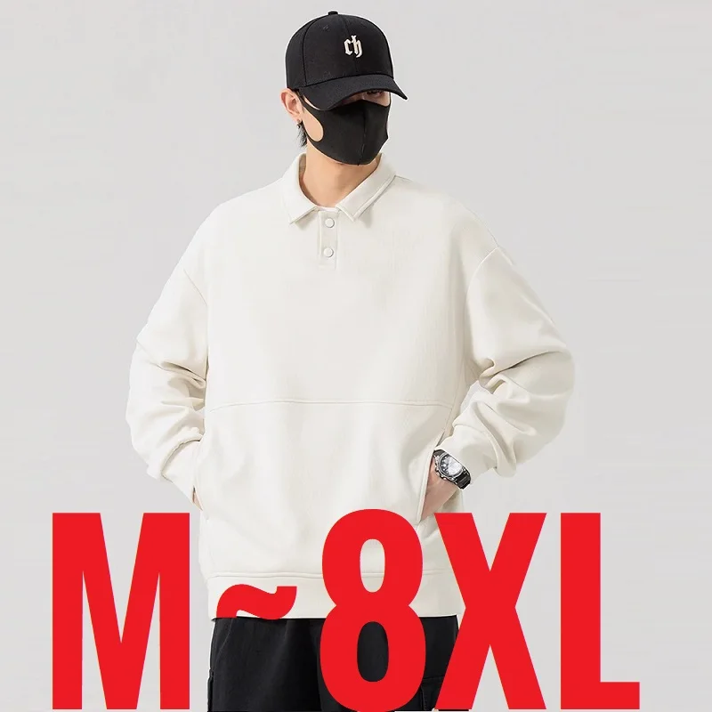 Big Size Men's Oversized Sweatshirt Turn Down Collar Pullover Male Korean Style Spring Loose Fit Polo Shirt Top Large Plus 8XL