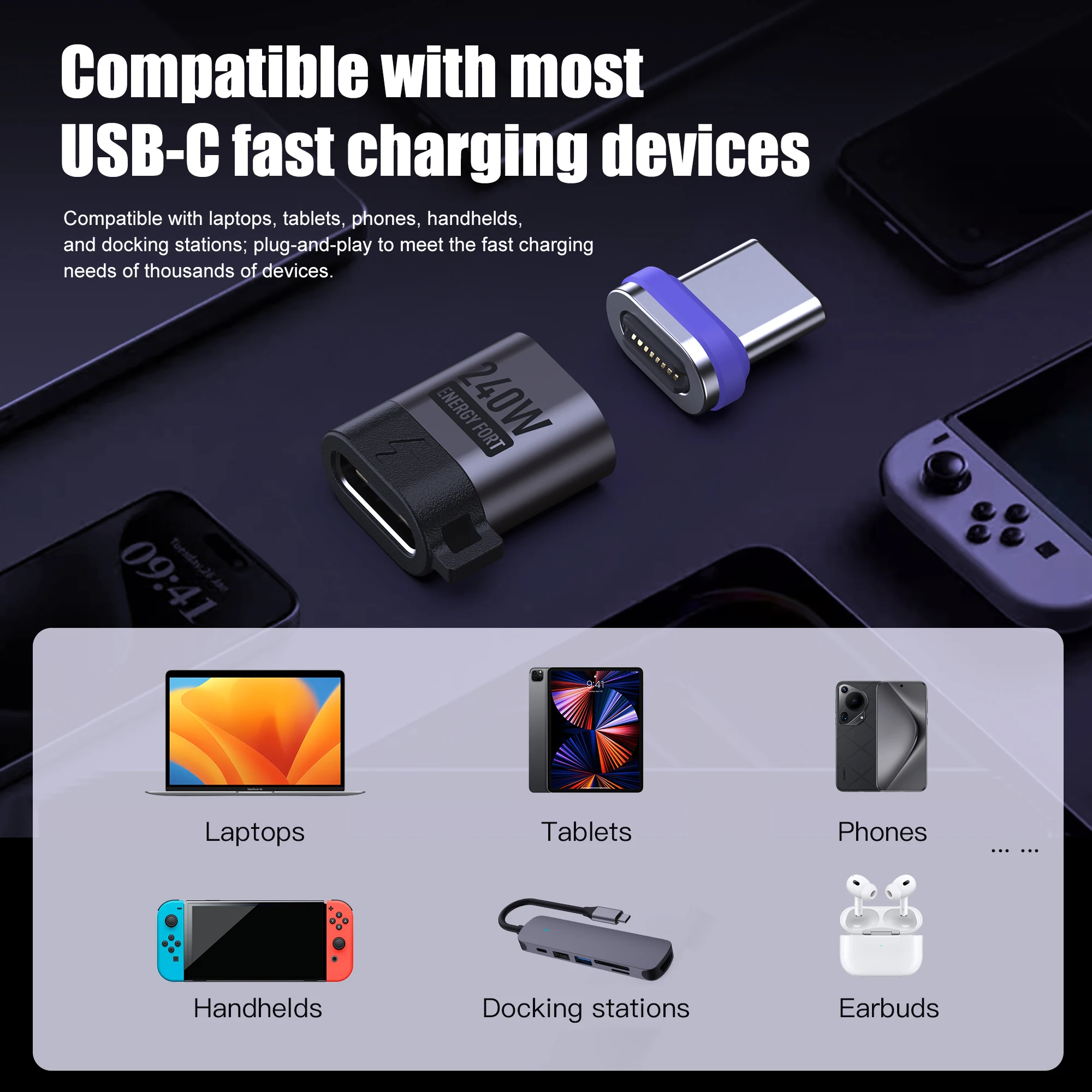 PD 240W Fast Charging Magnetic USB C Adapter Extender 480Mbps Data Transfer Type C Adapter For Samsung Iphone 15 Type C Devices 2