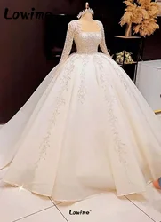 Vintage O Neck Beaded Long Sleeve Shinny Wedding Dresses 2023 Puffy Robe De Mariee Ivory White Muslim Bridal Gowns Custom Made