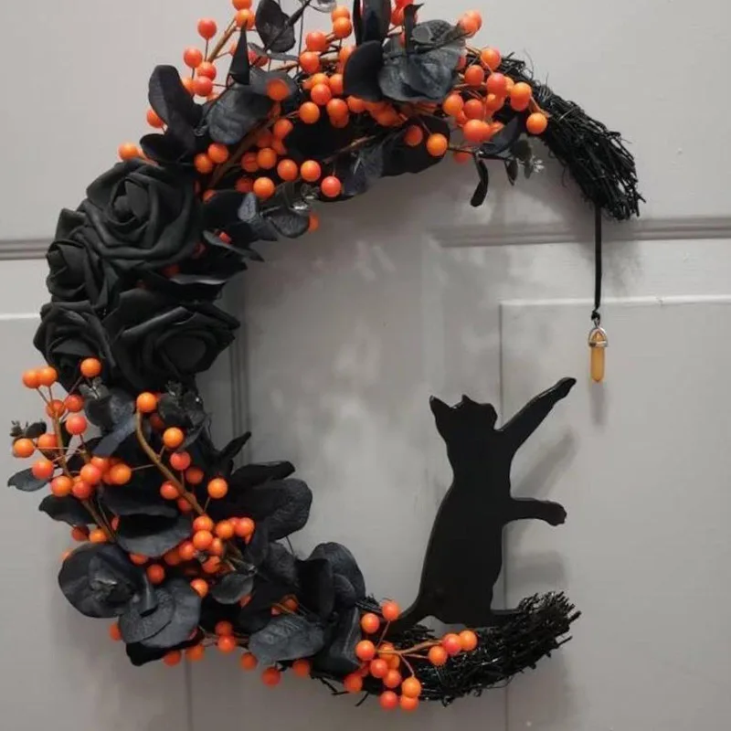 

Moon Shaped Door Wreaths Halloween Holiday Decorations Welcome Sign Goth Roses Black Cats Garland Front Door Ornament