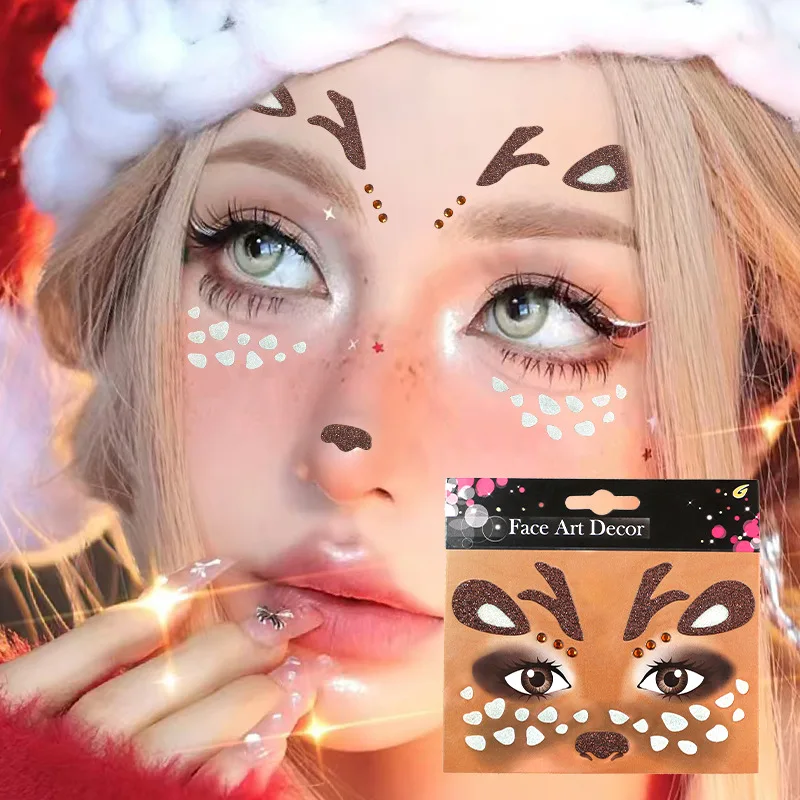 Glitter Christmas Party Face Stickers Cute Elk Animal Face Stickers Christmas Face Decoration Xmas Navidad New Year Decoration