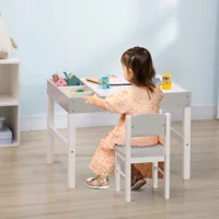 Kids Table and Chair Set with Building Blocks Desktop, Storage Spaces, Grey 1