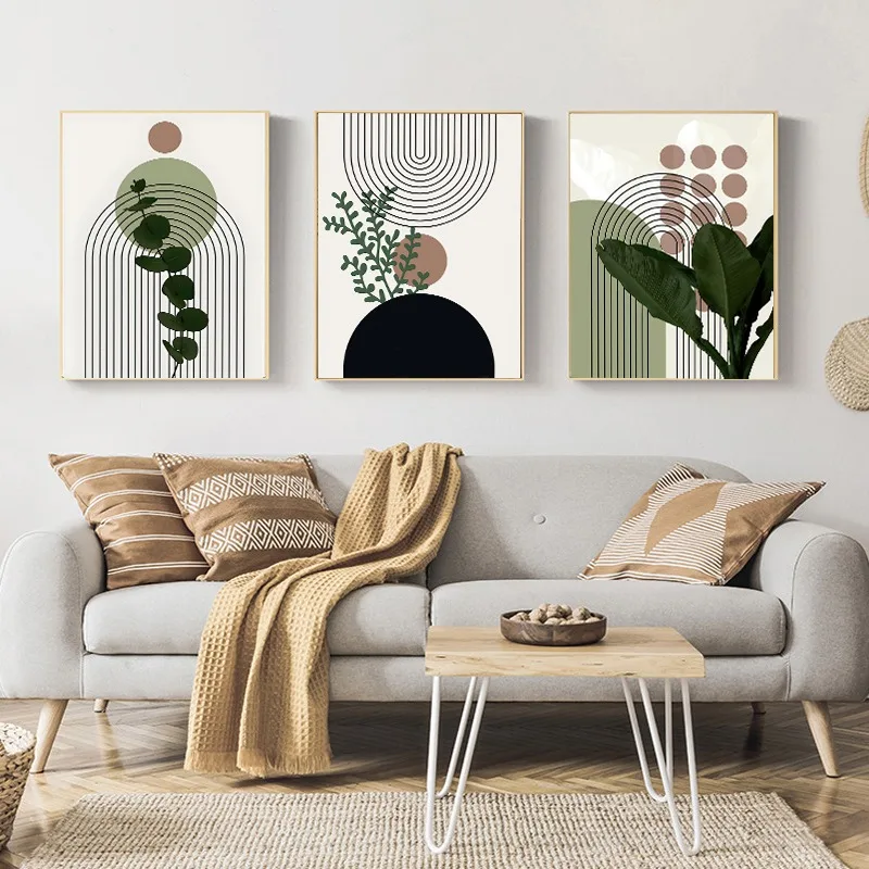 3 Pieces Bohemian Light Frameless Canvas Painting Simple Green Leaves Plant Poster Simple Lines Bedroom Decorative Wall Art 2