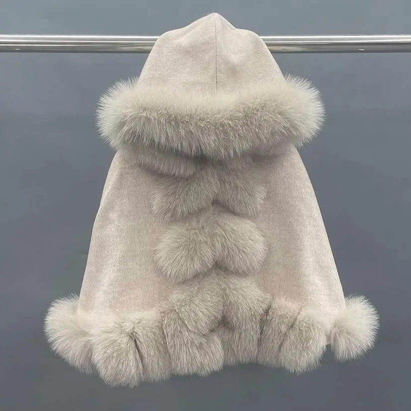 

JANEFUR Wool Cape Poncho with Real Fur for Children 2023 New Fashion Cute Warm Kid Girls Hooded Fox Fur Collar Winter Coat