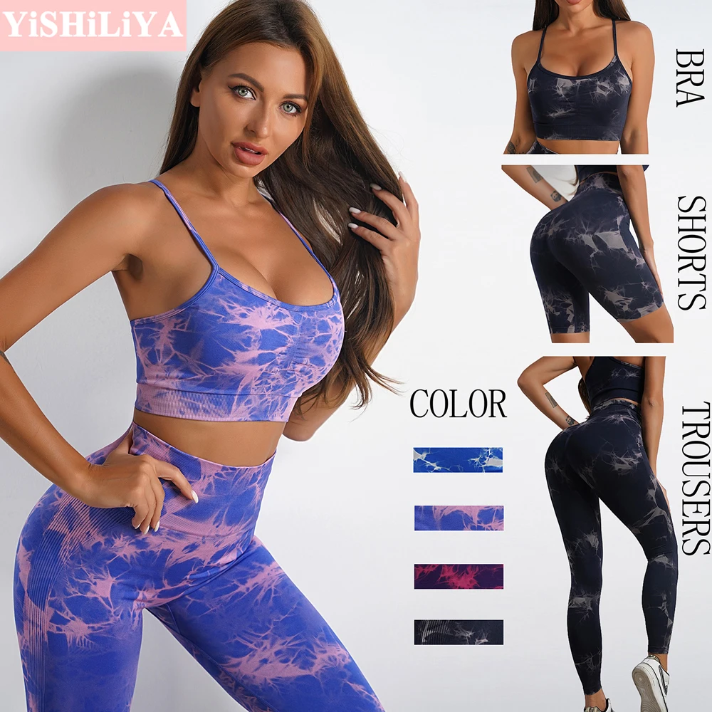 

Sportswear Woman Gym Yoga Matching Set Backless Bra Tie Dye Leggings Running Shorts Women Clothes Outfit Seamless 2 Peice Fitnes