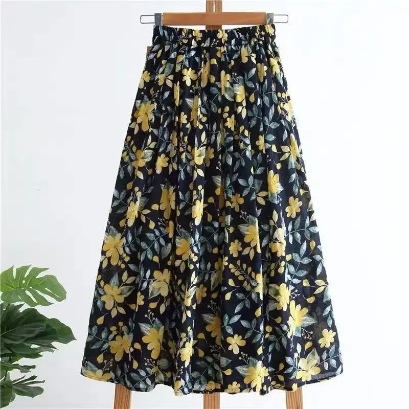 

2022 Vintage Skirts Women Bohemian Floral Print Skirt Casual Elastic High Waist Party Beach Long Mid Calf Female Skirt Summer