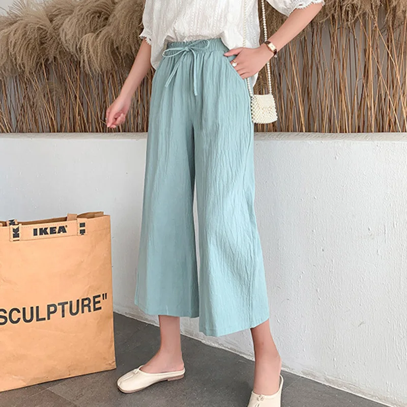 2024 New women Pants Wide Leg Elastic Waist Cotton Loose style Female Trousers Spring Summer Women Calf-Length Pants