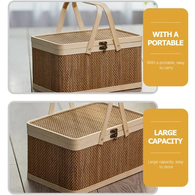 Természetes Barátságos Szövött Kosár Bambusz Piknikkosár Fedéllel, Kézi Snackek Kenyér Tároló - Image 4