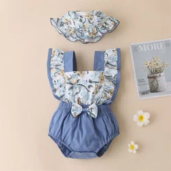 Barboteuse d'été en coton et lin pour bébés filles, imprimé Floral, sans manches + bandeau à volants, ensembles barboteuse pour nouveau nés 
