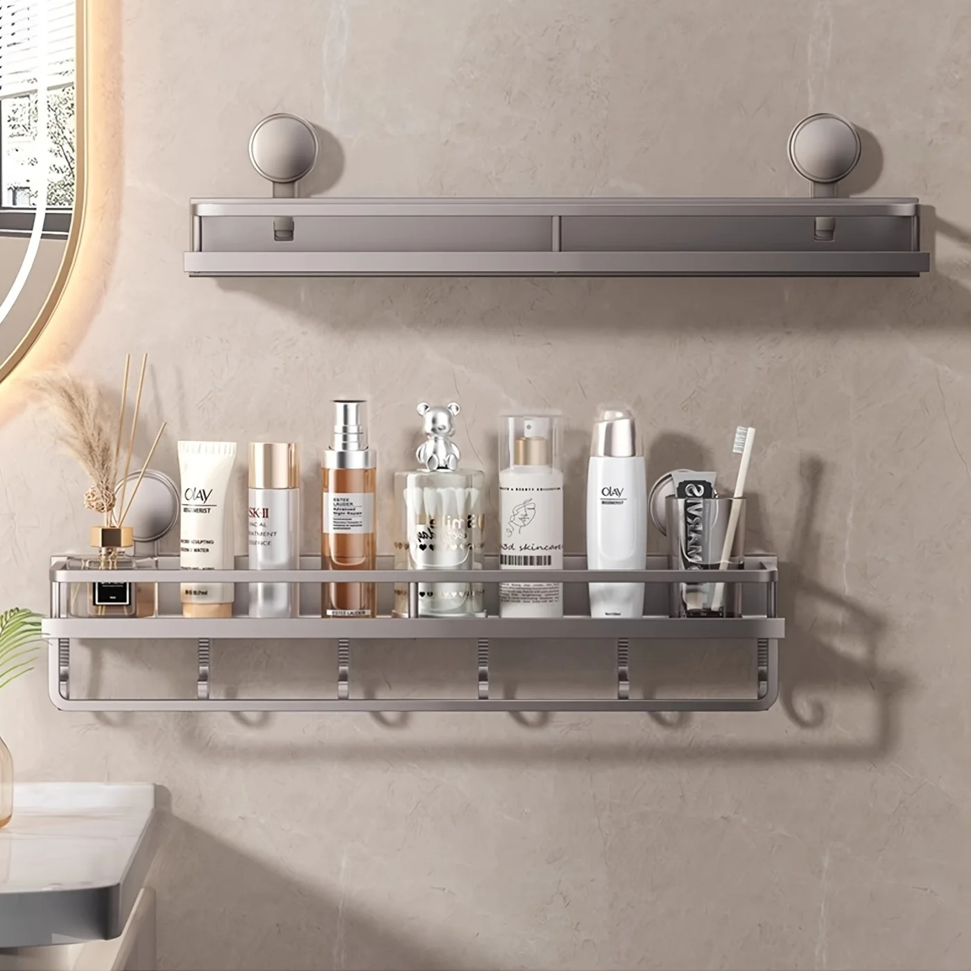 Easy-Install Suction Cup Shower Caddy Strong Adhesive Wall-Mounted Organizer for Shampoo& Soap Durable Space-Saving Shelf