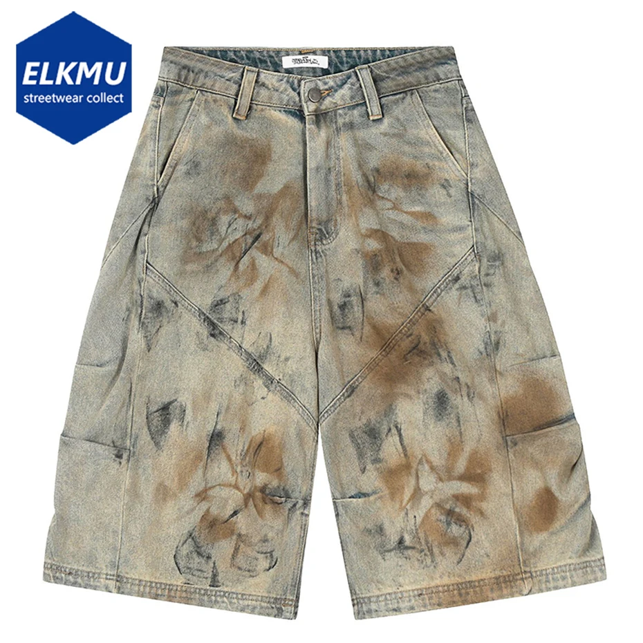 Men's Vintage Denim Shorts Pleated Patchwork Hi Street Jeans Shorts Streetwear Harajuku Hip Hop for Male