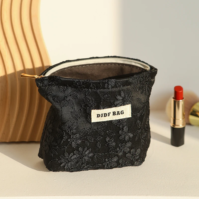 Black embroidery women's makeup bag, portable small makeup change storage bag, travel card case, key case, inner tank bag 5