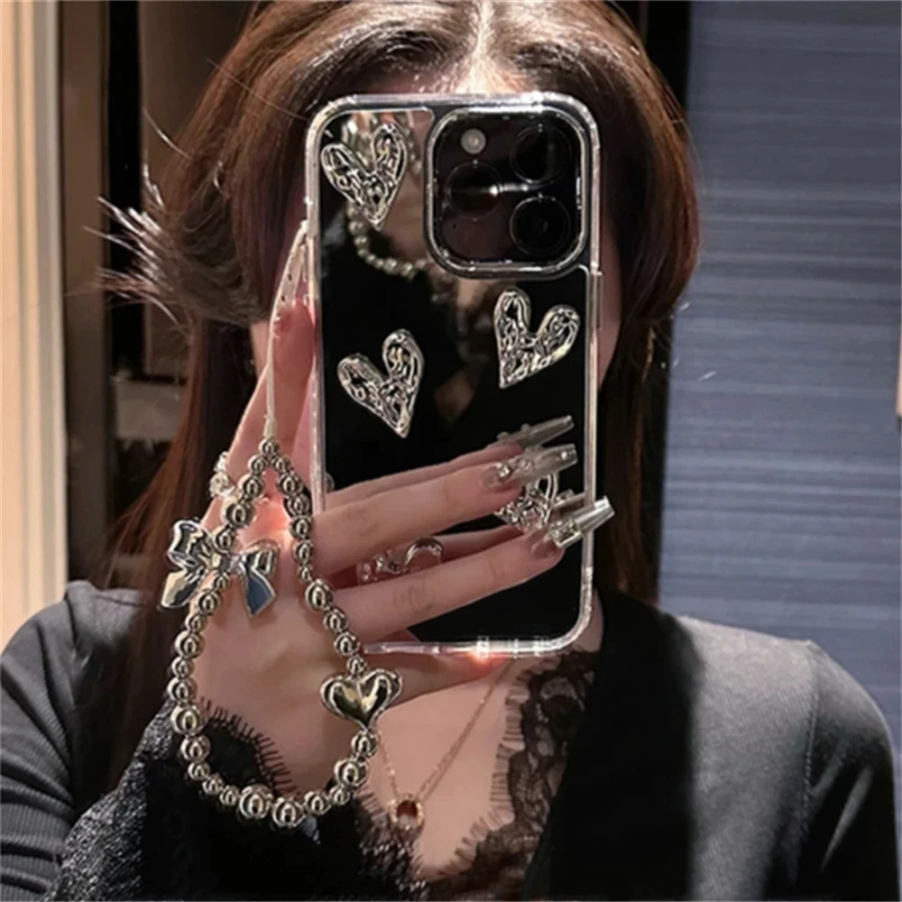 Stylish 3D Love Heart Bracelet Phone Case with Silvery Mirror Finish