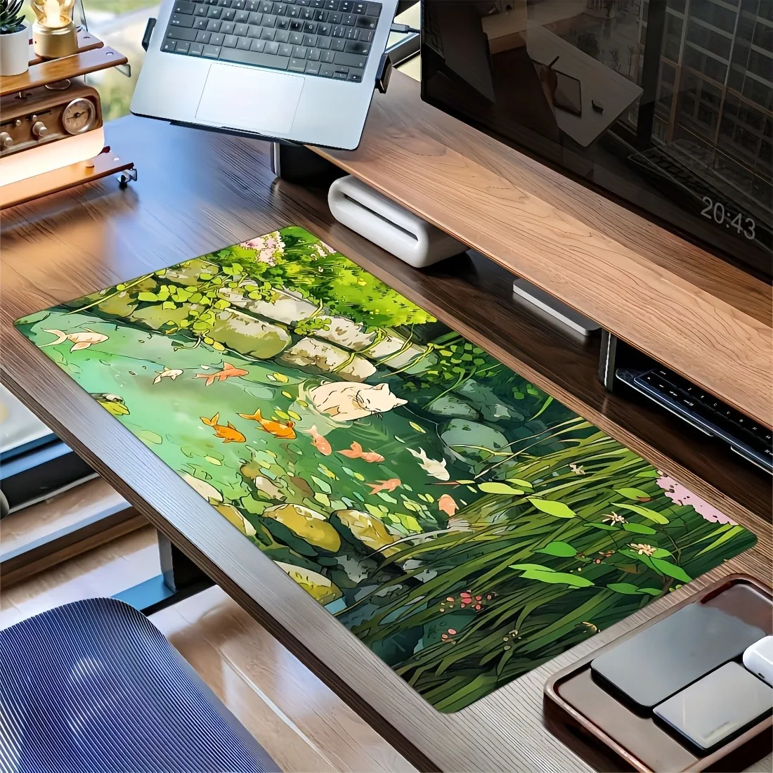 Large mouse pad with Naughty cat and koi pond design, 2mm non-slip rubber base, natural rubber material, rectangular gaming mous 3