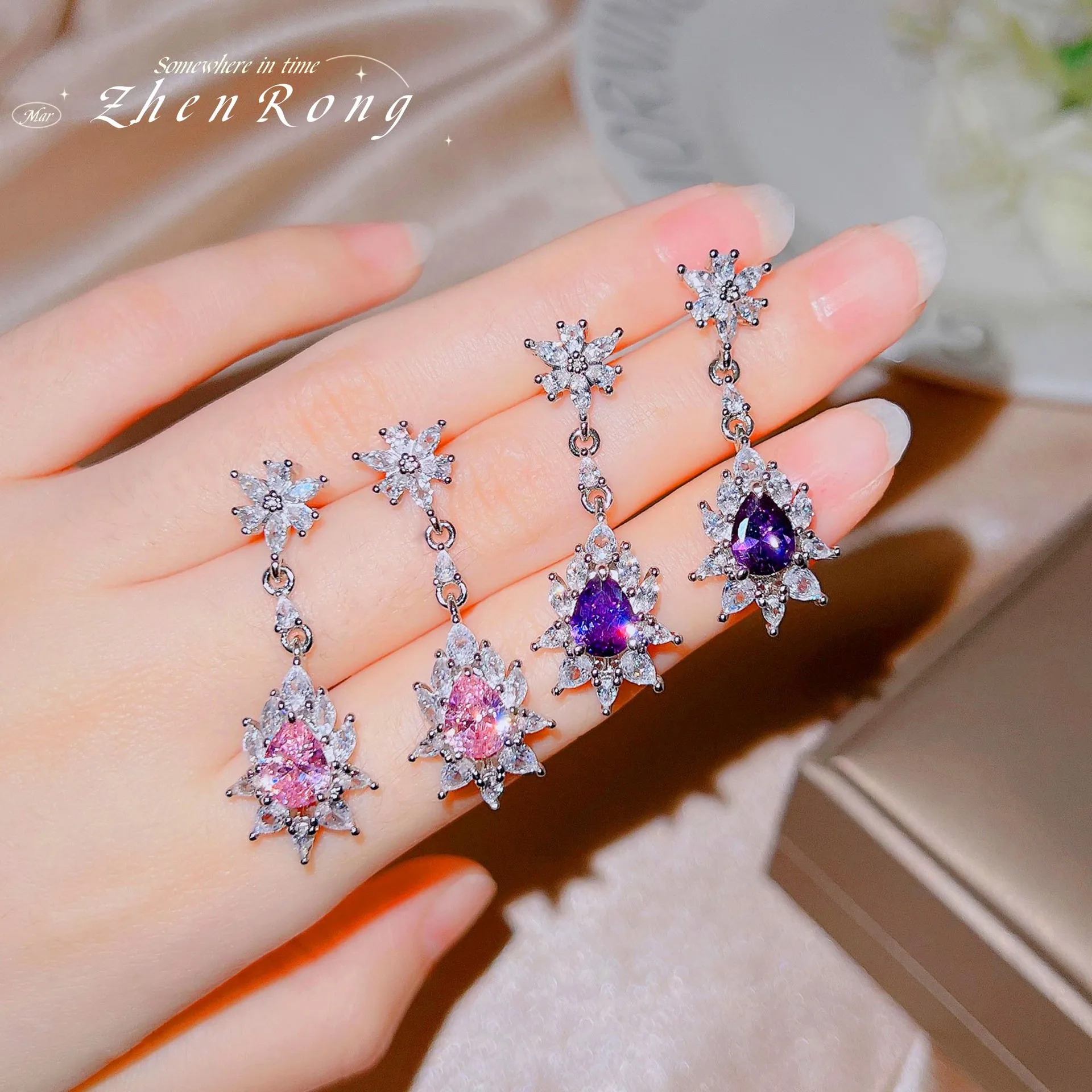 

New Luxury Charm Purple/Pink Water Drop Crystal Zircon Long Dangle Drop Earrings For Women Fashion 925 Silver Needle Earring