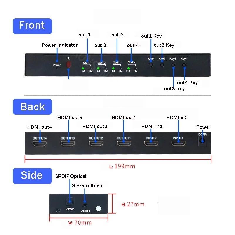 HDMI 매트릭스 스위처, AUX SPDIF 오디오 추출기 포함, PC PS3, 4 HDTV용, 4K 60Hz, 2x4, 2 in 4 out HDMI 스플리터 스위처