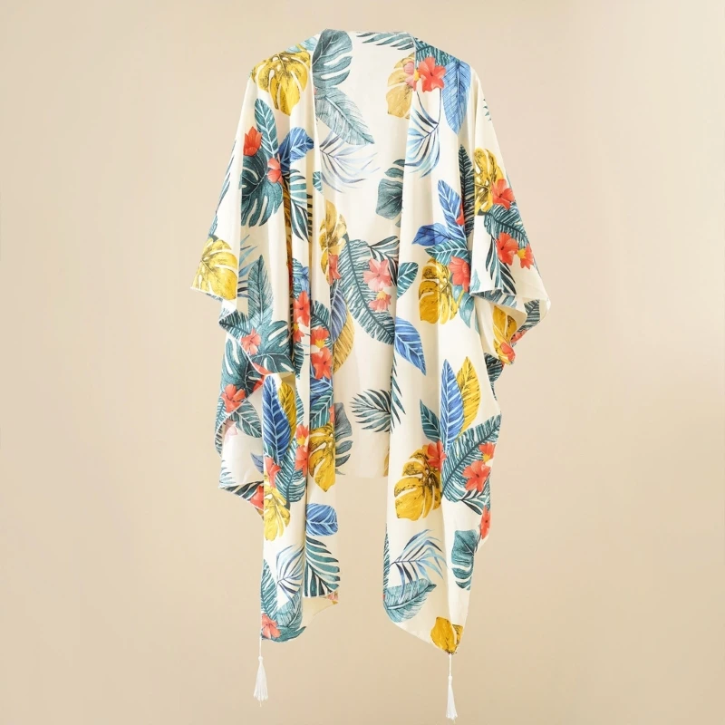 Women Floral Print Kimono Cardigan Summer Bikini Cover Up Sexy Open Front Tassels Beach Long Flowy Loose Half Sleeve Shirt Shawl