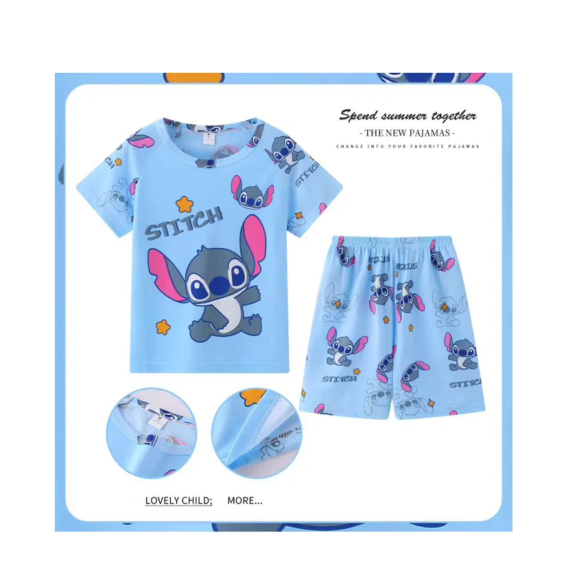 New Summer Clothing Winnie Bear Boys Girls Kids Clothing Sets Stitch Melody Cartoon Suit Mikey Kid Sleepwear Short Sleeve 2