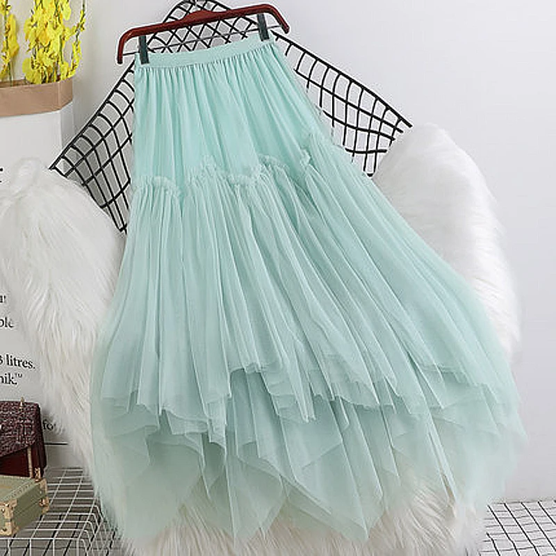 Irregular mid-length large size gauze skirt women's increase fat MM high waist A-line double-layer mesh skirt silk skirt Skirts