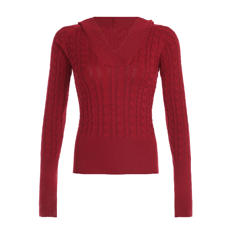 Solid Twist Knit Fitted Sweater Top V Neck with Hooded Women Long Sleeve Pullovers Knitwear Casual Basic Y2K Outfits