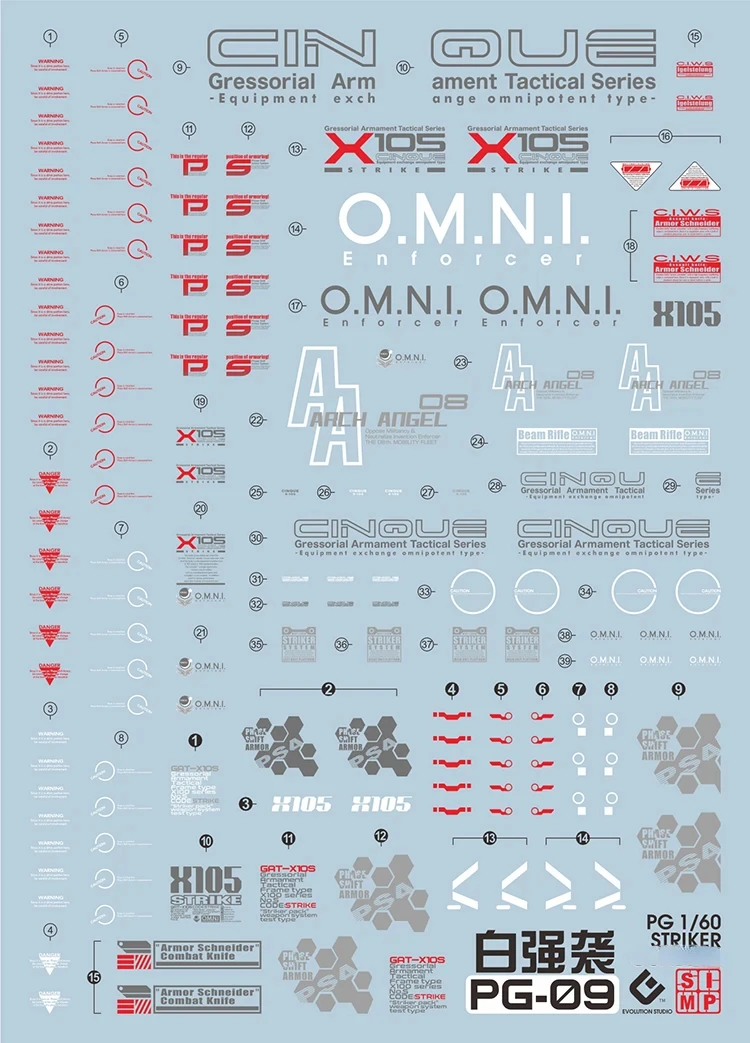 EVO 데칼 PG-09 PG 1/60 GAT-X105 STRIKE O.M.N.I.ENFORCER 모바일 슈트 형광 스티커 모델 취미 DIY 액세서리