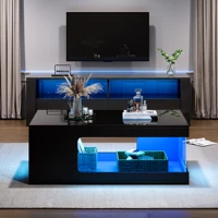 Table basse LED 50x100x35 cm pour salon, salle de séjour ou bureau ; table de canapé haute brillance avec étagères en verre en blanc/noir 4