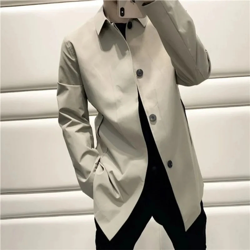 

Men Clothing Outerwear Spring Autumn Slim Fashion Lapel Mid-length Trench Coat Solid Color All-match Windbreak Korean Male Coat