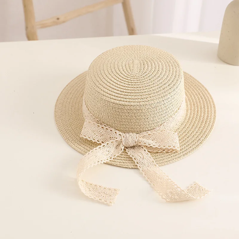 Child Summer Sun Hat Bucket Cap Simple Lace Bowknot Ribbon Flat Top Straw Hat Beach Outing Caps Panama