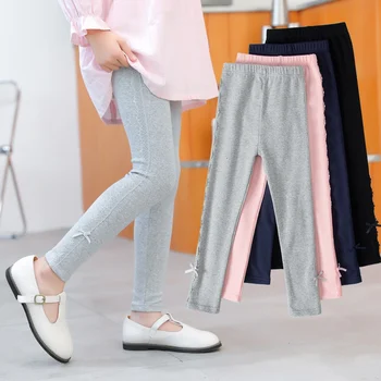 New Fashion Girls Kids Pants Comfortable Breathable Bow Embellished Pencil Pants Solid Color Kids Elastic Cotton Skinny Trousers 1