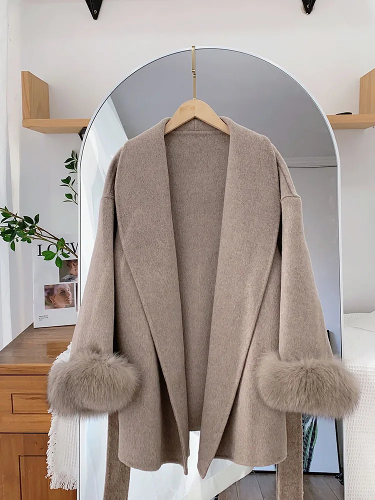 BZVW High End Double-sided Wool Strapping Coat Women's Removable Cuffs Fox Fur Temperament Double-sided Cashmere Short Jacket 5