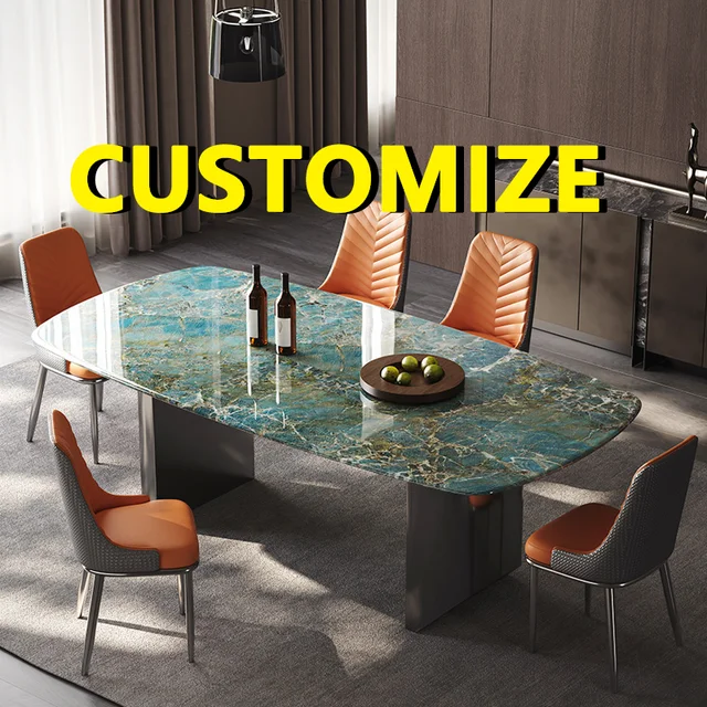 Table à manger en pierre de cristal nordique minimaliste sur mesure, toutes tailles, bord arrondi de qualité alimentaire, base en acier robuste, mobilier de maison 1