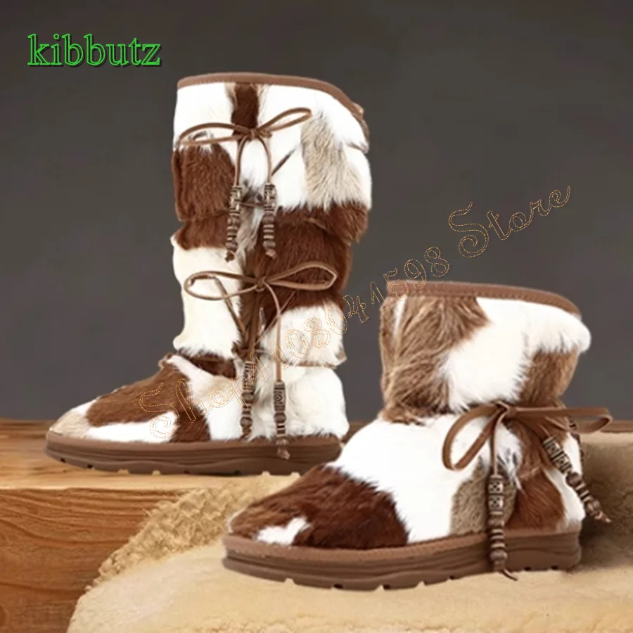 

Mixed Color Furry Mid Calf Boots,Warm Snow Boots with Non Slip Soles Round Toe Lace Up Women Boots 2024 New Zapatos Para Mujere