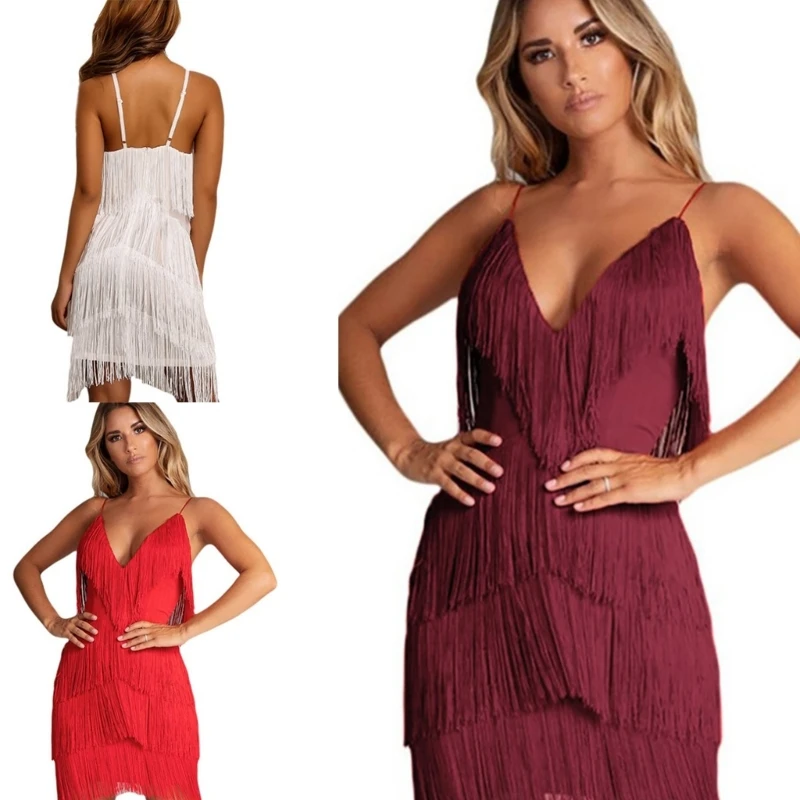 

Womens Summer Sexy V-Neck Backless Patchwork Bodycon Dress Summer Fashion Layered Fringe Dress for Club Party Prom