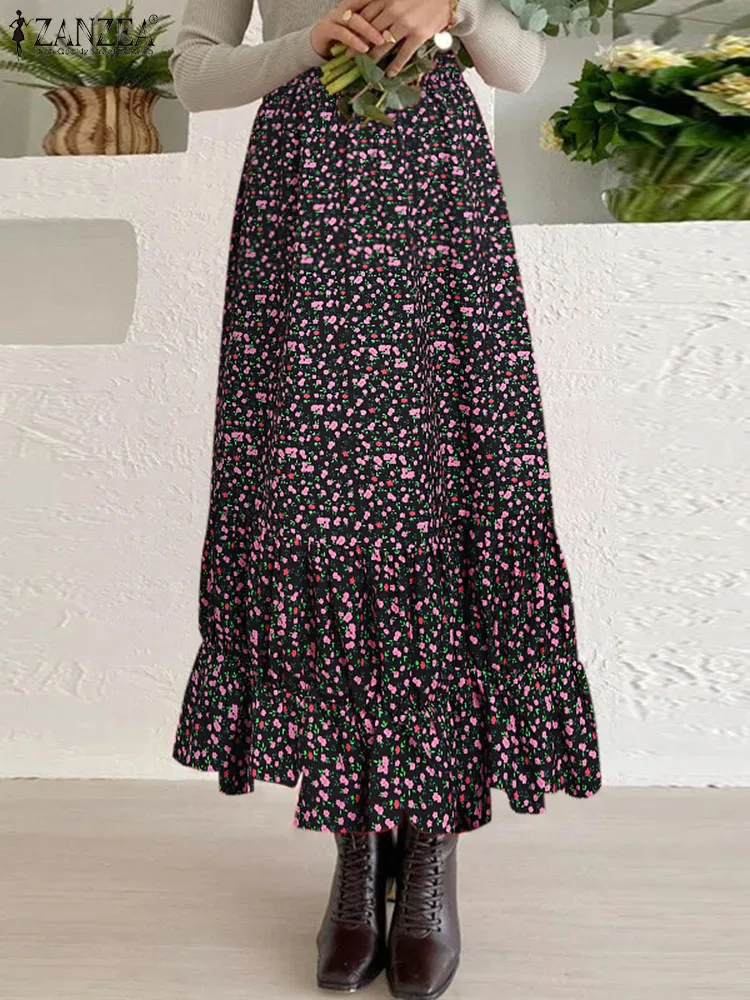 

ZANZEA Holiday Summer Maxi Skirt Bohemian Floral Print Falda Elastic High Waist Pleated Tiered Long Jupe Ruffled Hem Women Skirt