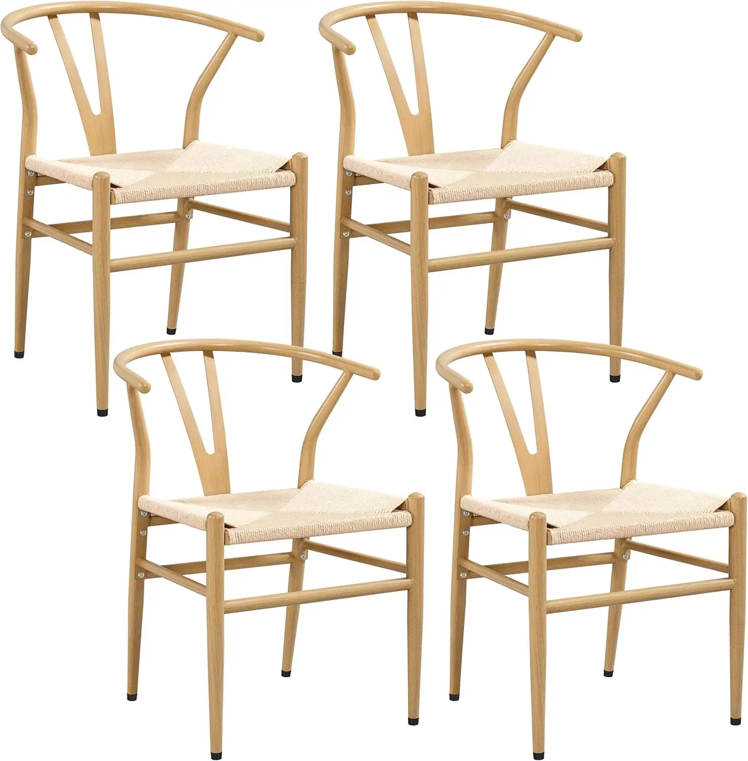 Set of 4 Weave Chair Mid-Century Metal Dining Chair Y-Shaped Backrest Hemp Seat Wood Color Modern Style