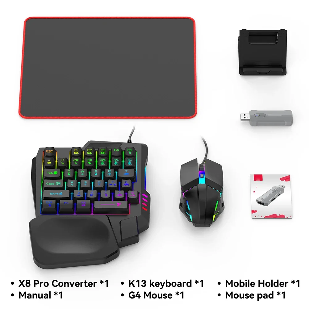 5 in 1 Mobile Game Converter Keyboard Mouse Gaming Set for PUBG Wired RGB Backlit Keyboard with Wrist Rest for Android System
