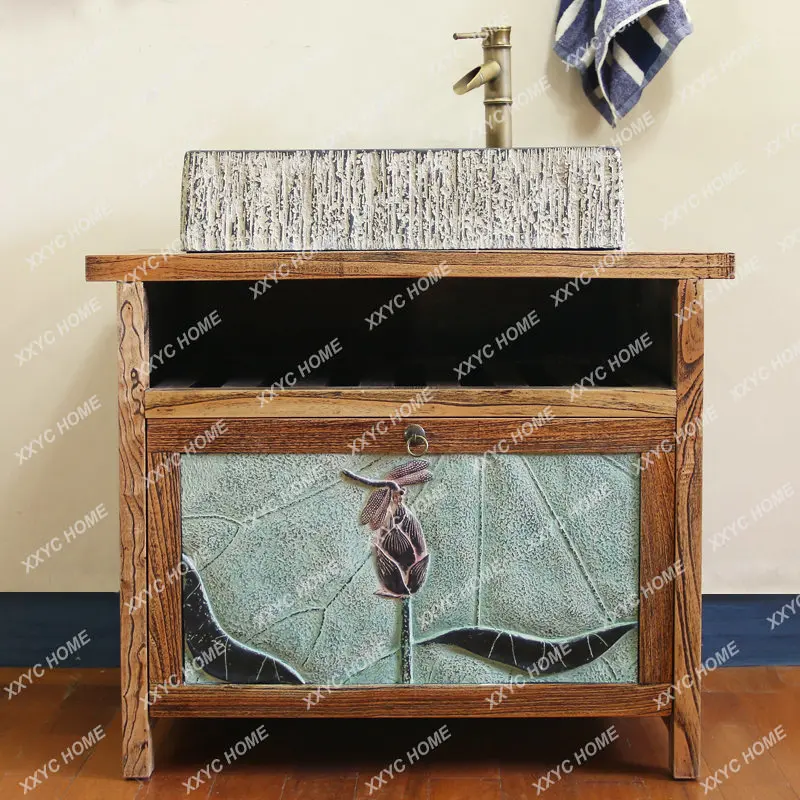 New in Chinese Antique Style Solid Wood Bathroom Cabinet Basin Cabinet Combination Chinese Style Art Basin Table