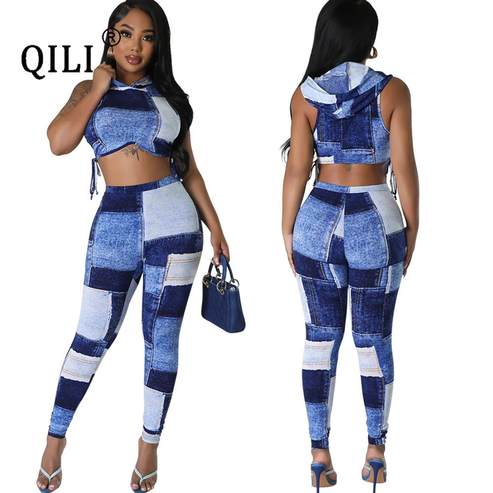 QILI-Casual Printed Two-Piece Sets, Top and Pants, Sleeveless Hooded Paired with Slim Fitting Pencil Pants, Matching Sets girls kids costume cheerleader sleeveless outfits round neckline letter print patchwork style dance dress with cosplay cheerlead