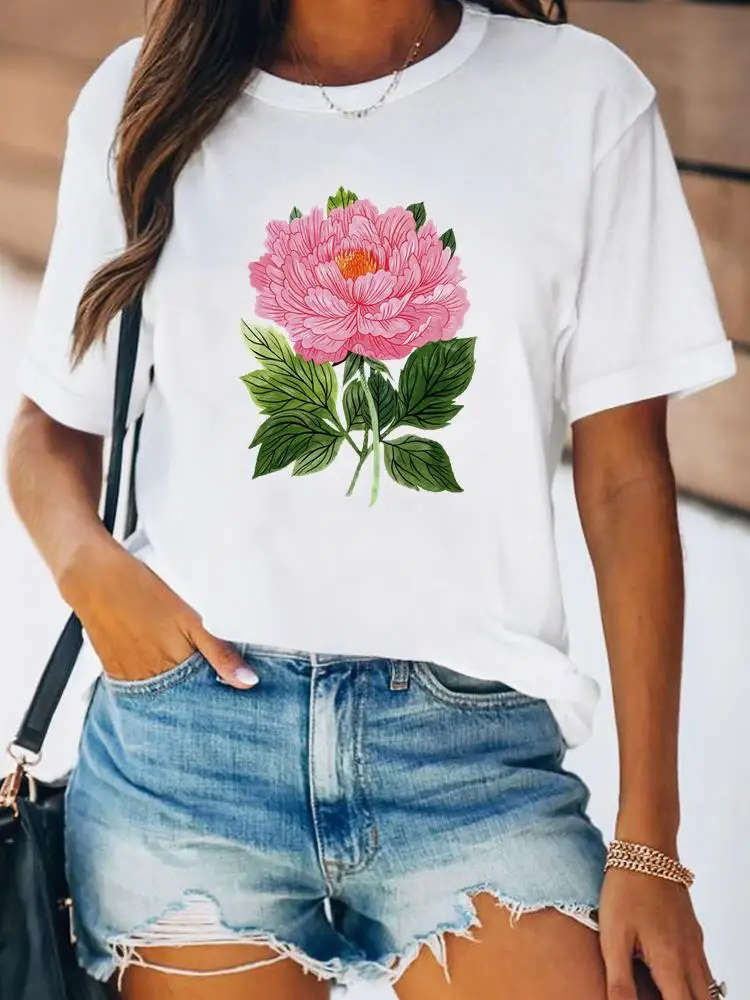Women Spring Fashion Summer Female Tee Shirt Print Clothes Lady Short Sleeve Flower Lovely Floral Trend 90s Graphic T-shirt