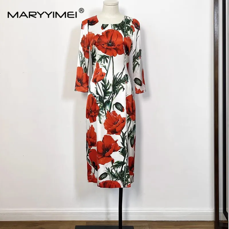 

MARYYIMEI Fashion designer Women's dress Spring Summer Floral-Print Luxury Silk Package hip Pencil Dresses