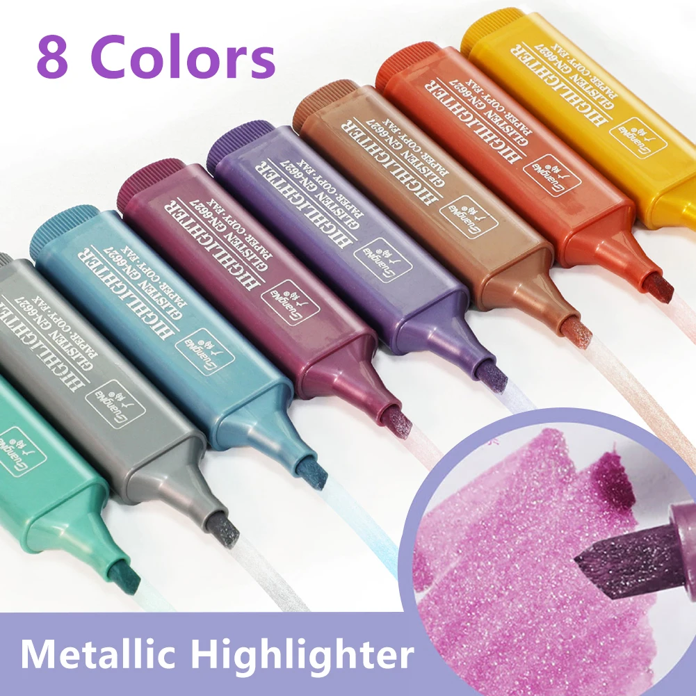 8 Colors Metallic Highlighter Super Flash Fluorescent Pen Metallic Glitter Highlighter Markers Note Taking Journaling Supplies