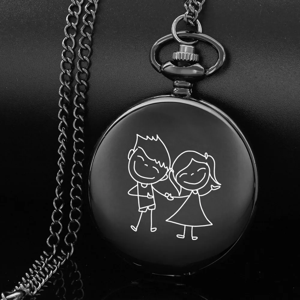 

A couple holding hands cute style carving english alphabet face pocket watch a chain Black quartz watch perfect gift for lover