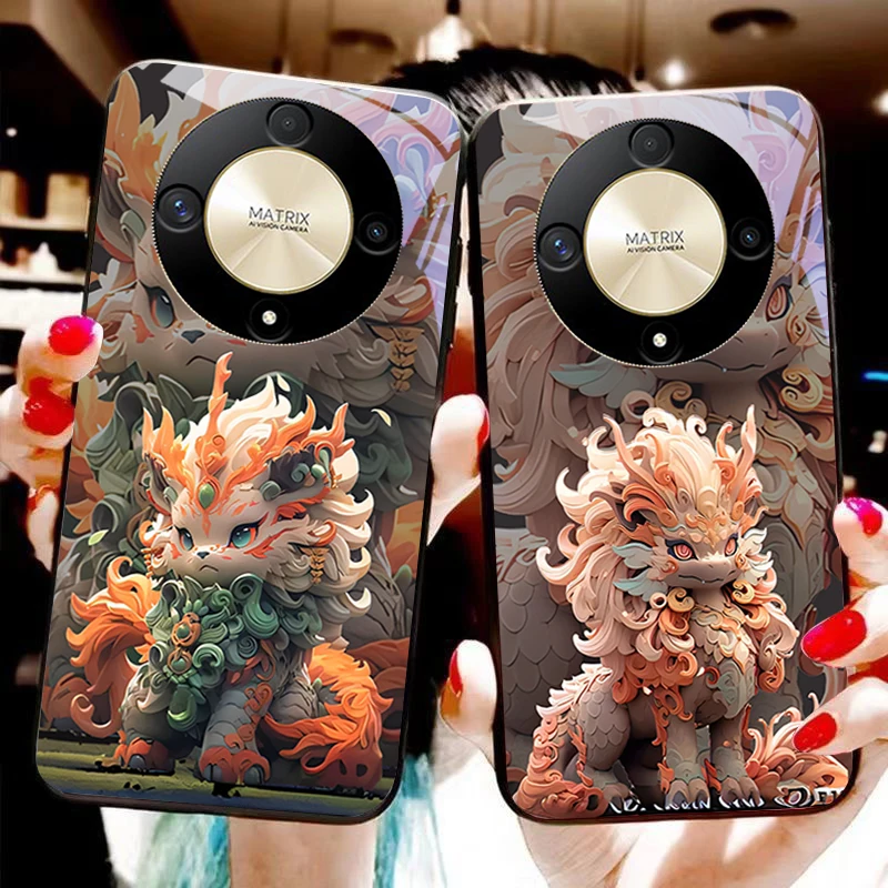 Chinese Style Lion Design Tempered Glass Phone Case